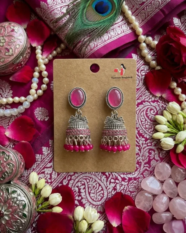 Traditional oxidized-style jhumka earrings with red, yellow and blue stones, perfect for saree, salwar and festive party looks from Passionate Bangladesh. Shop now at www.passionatebangladesh.com