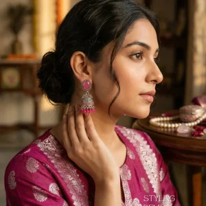 Traditional oxidized-style jhumka earrings with red, yellow and blue stones, perfect for saree, salwar and festive party looks from Passionate Bangladesh. Shop now at www.passionatebangladesh.com