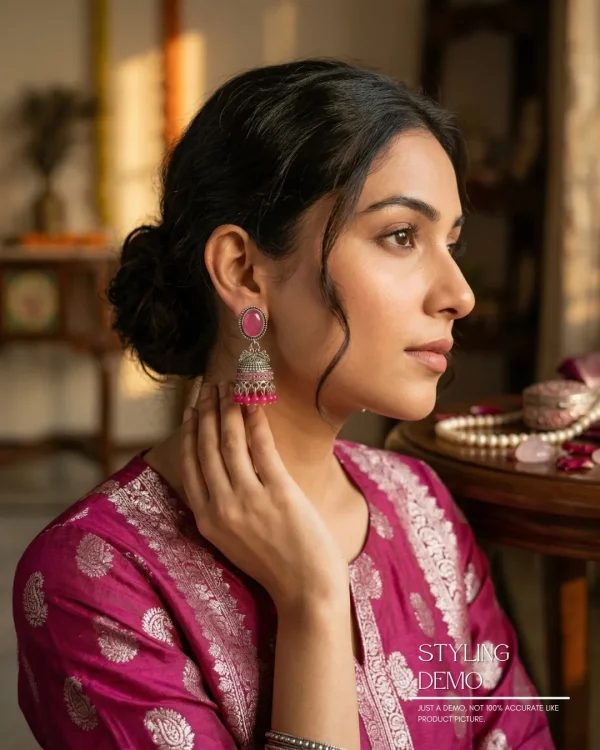 Traditional oxidized-style jhumka earrings with red, yellow and blue stones, perfect for saree, salwar and festive party looks from Passionate Bangladesh. Shop now at www.passionatebangladesh.com