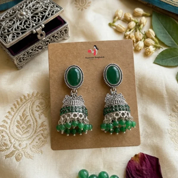 Traditional oxidized-style jhumka earrings with red, yellow and blue stones, perfect for saree, salwar and festive party looks from Passionate Bangladesh. Shop now at www.passionatebangladesh.com