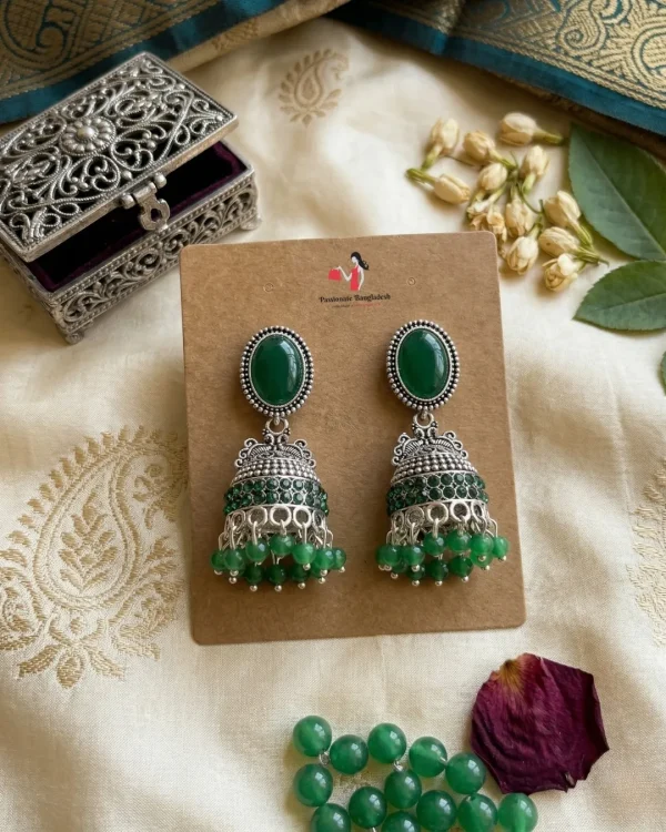 Traditional oxidized-style jhumka earrings with red, yellow and blue stones, perfect for saree, salwar and festive party looks from Passionate Bangladesh. Shop now at www.passionatebangladesh.com