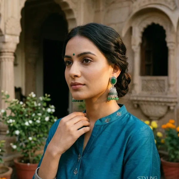 Traditional oxidized-style jhumka earrings with red, yellow and blue stones, perfect for saree, salwar and festive party looks from Passionate Bangladesh. Shop now at www.passionatebangladesh.com