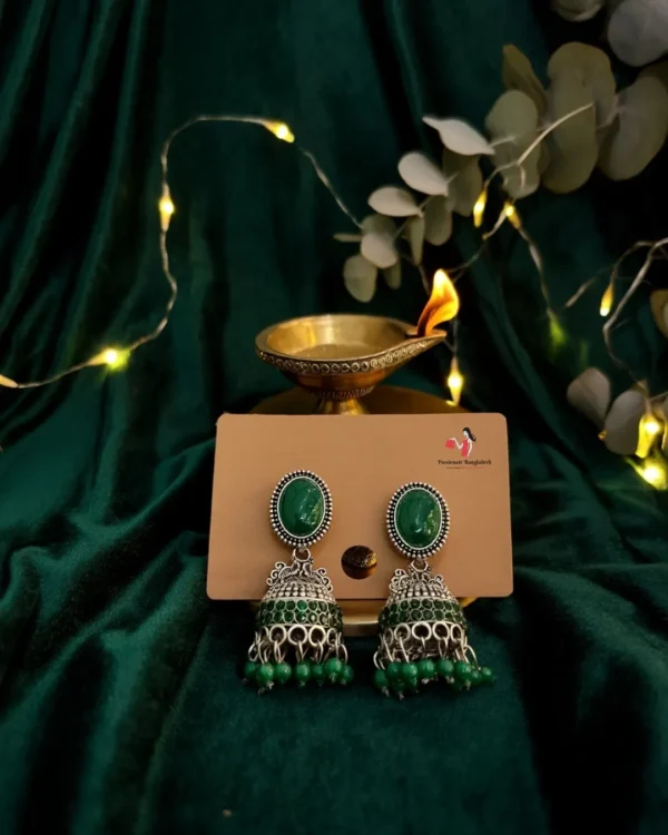 Traditional oxidized-style jhumka earrings with red, yellow and blue stones, perfect for saree, salwar and festive party looks from Passionate Bangladesh. Shop now at www.passionatebangladesh.com