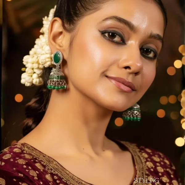 Traditional oxidized-style jhumka earrings with red, yellow and blue stones, perfect for saree, salwar and festive party looks from Passionate Bangladesh. Shop now at www.passionatebangladesh.com