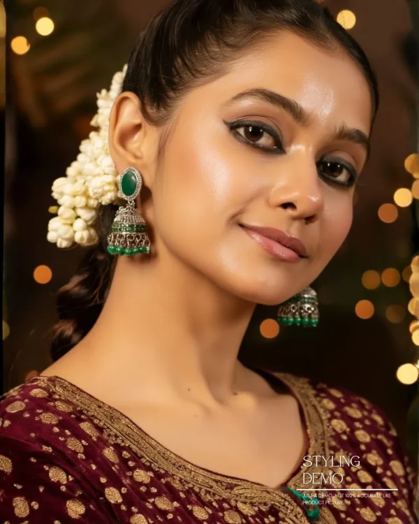 Traditional oxidized-style jhumka earrings with red, yellow and blue stones, perfect for saree, salwar and festive party looks from Passionate Bangladesh. Shop now at www.passionatebangladesh.com