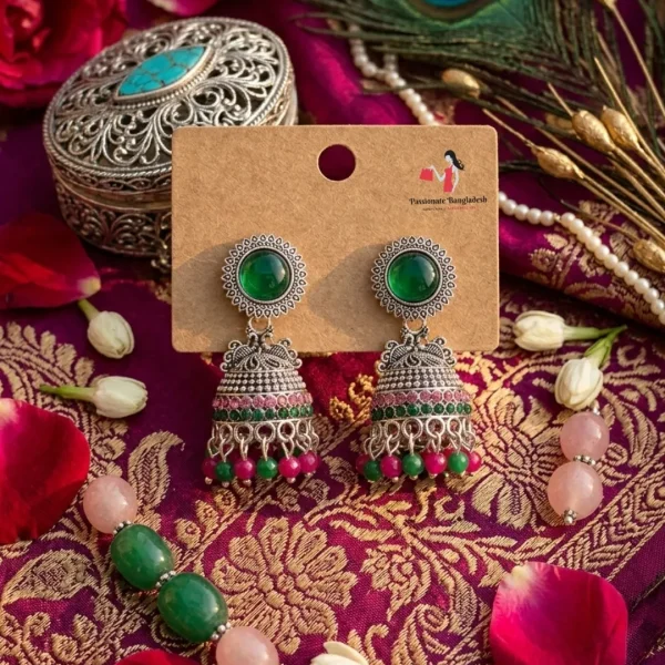 Traditional oxidized-style jhumka earrings with red, yellow and blue stones, perfect for saree, salwar and festive party looks from Passionate Bangladesh. Shop now at www.passionatebangladesh.com