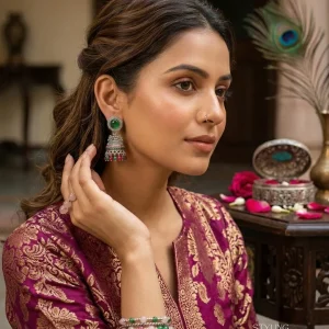 Traditional oxidized-style jhumka earrings with red, yellow and blue stones, perfect for saree, salwar and festive party looks from Passionate Bangladesh. Shop now at www.passionatebangladesh.com