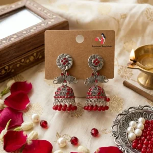 Traditional oxidized-style jhumka earrings with red, yellow and blue stones, perfect for saree, salwar and festive party looks from Passionate Bangladesh. Shop now at www.passionatebangladesh.com