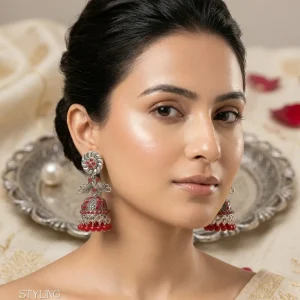 Traditional oxidized-style jhumka earrings with red, yellow and blue stones, perfect for saree, salwar and festive party looks from Passionate Bangladesh. Shop now at www.passionatebangladesh.com