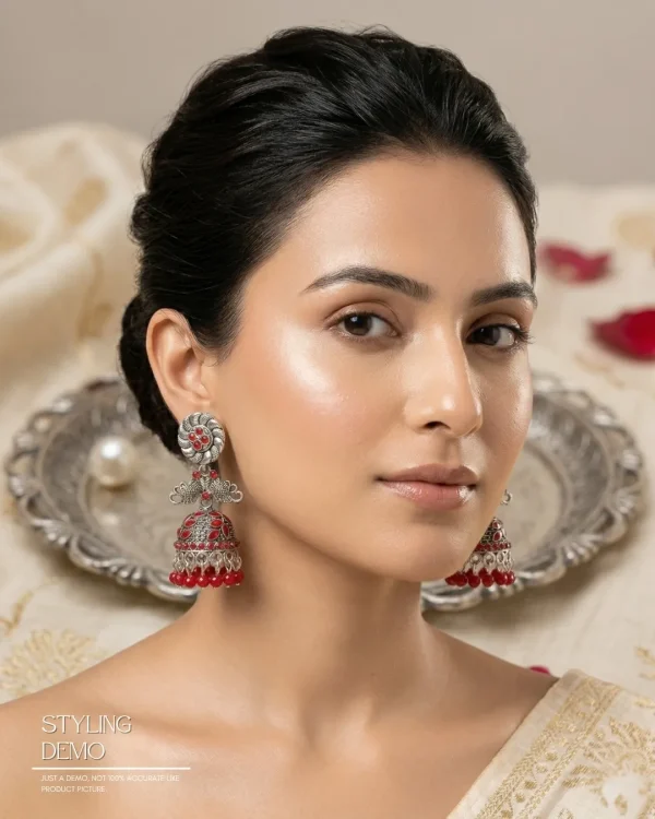 Traditional oxidized-style jhumka earrings with red, yellow and blue stones, perfect for saree, salwar and festive party looks from Passionate Bangladesh. Shop now at www.passionatebangladesh.com