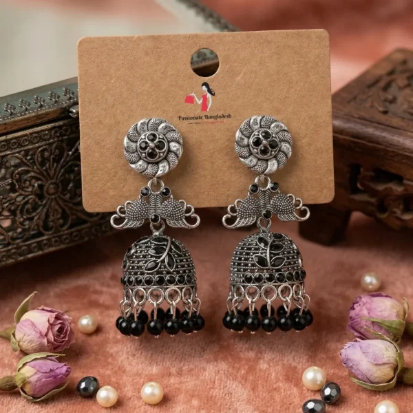 Traditional oxidized-style jhumka earrings with red, yellow and blue stones, perfect for saree, salwar and festive party looks from Passionate Bangladesh. Shop now at www.passionatebangladesh.com