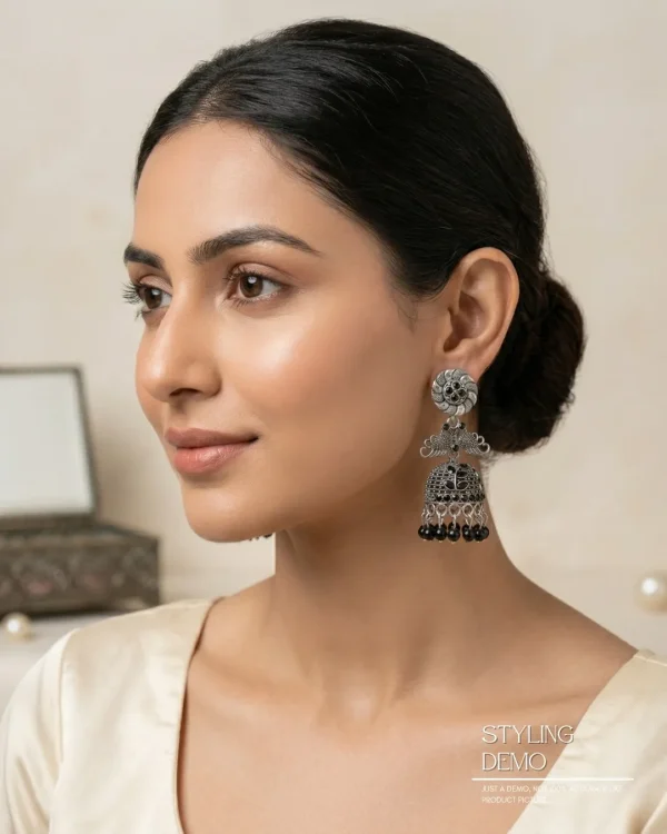 Traditional oxidized-style jhumka earrings with red, yellow and blue stones, perfect for saree, salwar and festive party looks from Passionate Bangladesh. Shop now at www.passionatebangladesh.com