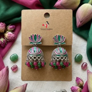 Traditional oxidized-style jhumka earrings with red, yellow and blue stones, perfect for saree, salwar and festive party looks from Passionate Bangladesh. Shop now at www.passionatebangladesh.com