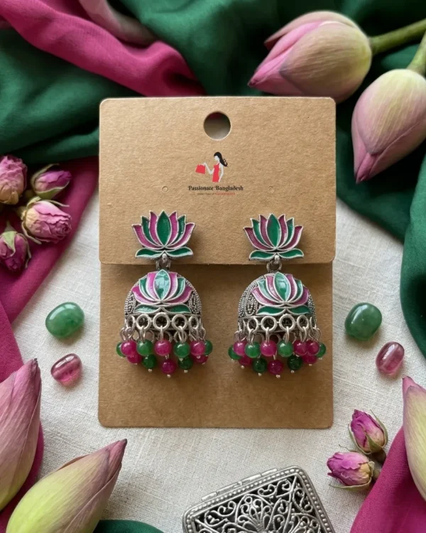 Traditional oxidized-style jhumka earrings with red, yellow and blue stones, perfect for saree, salwar and festive party looks from Passionate Bangladesh. Shop now at www.passionatebangladesh.com