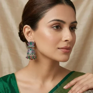 Traditional oxidized-style jhumka earrings with red, yellow and blue stones, perfect for saree, salwar and festive party looks from Passionate Bangladesh. Shop now at www.passionatebangladesh.com