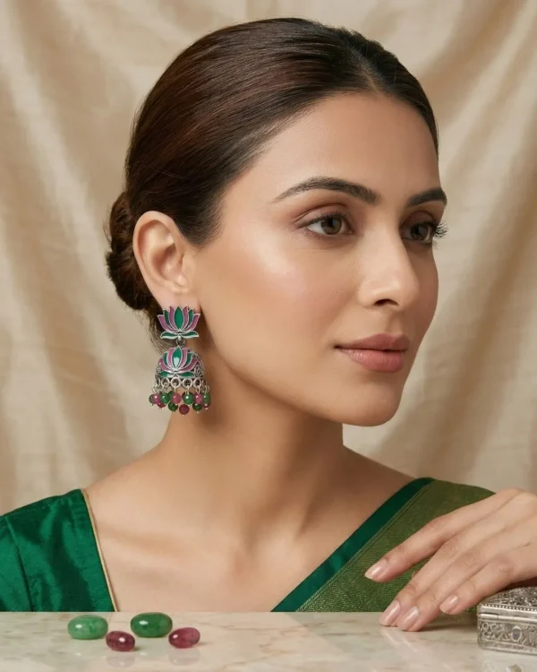 Traditional oxidized-style jhumka earrings with red, yellow and blue stones, perfect for saree, salwar and festive party looks from Passionate Bangladesh. Shop now at www.passionatebangladesh.com