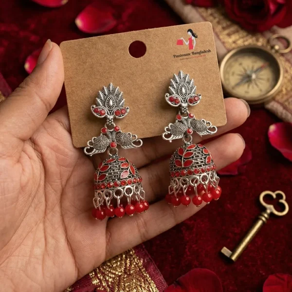 Traditional oxidized-style jhumka earrings with red, yellow and blue stones, perfect for saree, salwar and festive party looks from Passionate Bangladesh. Shop now at www.passionatebangladesh.com