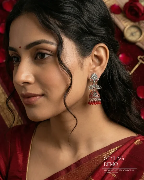 Traditional oxidized-style jhumka earrings with red, yellow and blue stones, perfect for saree, salwar and festive party looks from Passionate Bangladesh. Shop now at www.passionatebangladesh.com