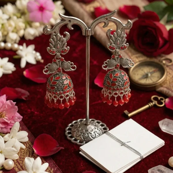 Traditional oxidized-style jhumka earrings with red, yellow and blue stones, perfect for saree, salwar and festive party looks from Passionate Bangladesh. Shop now at www.passionatebangladesh.com