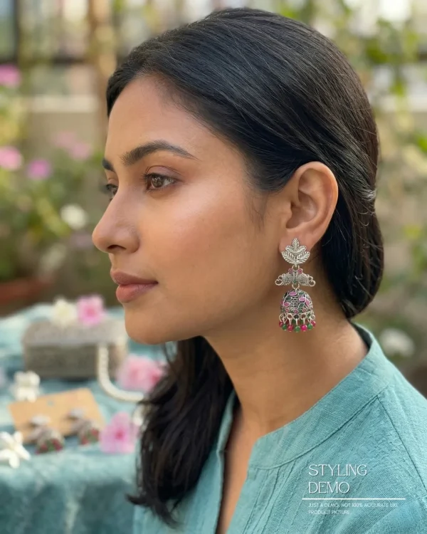 Traditional oxidized-style jhumka earrings with red, yellow and blue stones, perfect for saree, salwar and festive party looks from Passionate Bangladesh. Shop now at www.passionatebangladesh.com