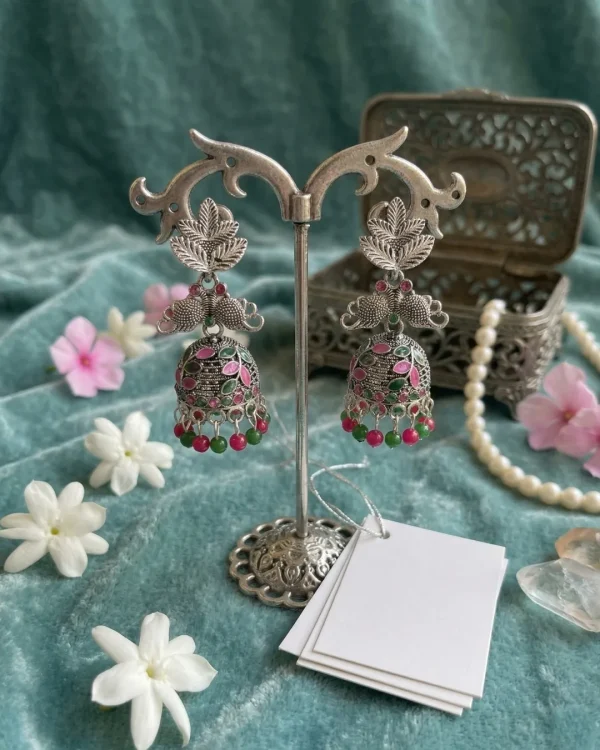 Traditional oxidized-style jhumka earrings with red, yellow and blue stones, perfect for saree, salwar and festive party looks from Passionate Bangladesh. Shop now at www.passionatebangladesh.com