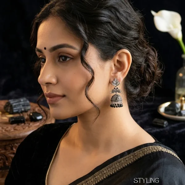 Traditional oxidized-style jhumka earrings with red, yellow and blue stones, perfect for saree, salwar and festive party looks from Passionate Bangladesh. Shop now at www.passionatebangladesh.com