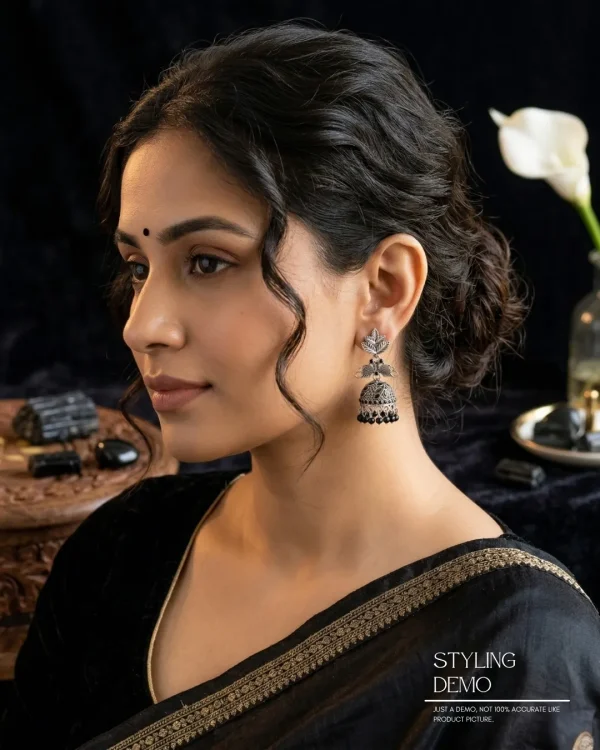 Traditional oxidized-style jhumka earrings with red, yellow and blue stones, perfect for saree, salwar and festive party looks from Passionate Bangladesh. Shop now at www.passionatebangladesh.com