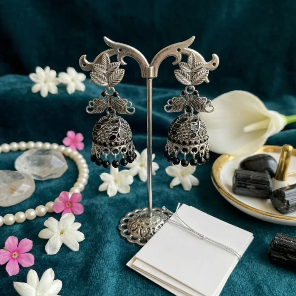 Traditional oxidized-style jhumka earrings with red, yellow and blue stones, perfect for saree, salwar and festive party looks from Passionate Bangladesh. Shop now at www.passionatebangladesh.com