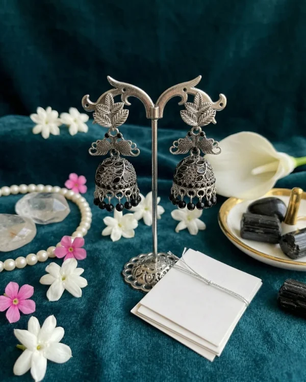 Traditional oxidized-style jhumka earrings with red, yellow and blue stones, perfect for saree, salwar and festive party looks from Passionate Bangladesh. Shop now at www.passionatebangladesh.com