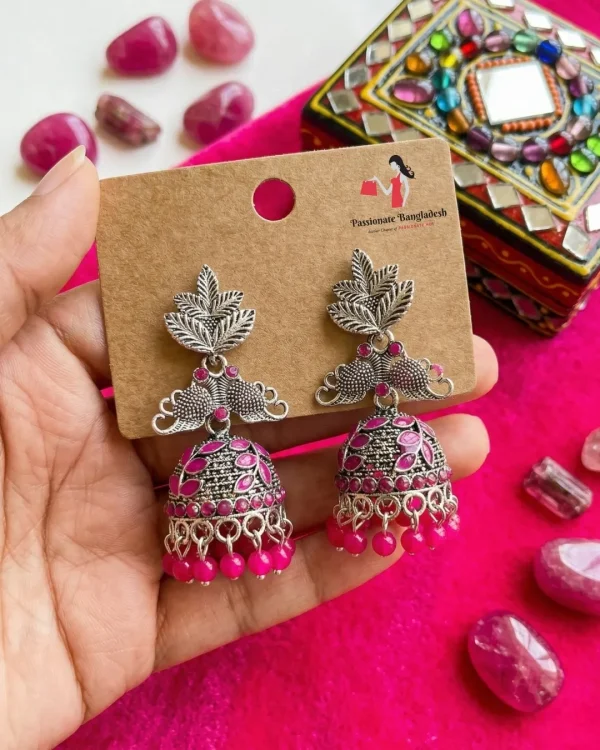 Traditional oxidized-style jhumka earrings with red, yellow and blue stones, perfect for saree, salwar and festive party looks from Passionate Bangladesh. Shop now at www.passionatebangladesh.com