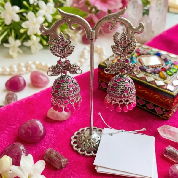 Traditional oxidized-style jhumka earrings with red, yellow and blue stones, perfect for saree, salwar and festive party looks from Passionate Bangladesh. Shop now at www.passionatebangladesh.com