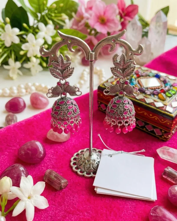 Traditional oxidized-style jhumka earrings with red, yellow and blue stones, perfect for saree, salwar and festive party looks from Passionate Bangladesh. Shop now at www.passionatebangladesh.com