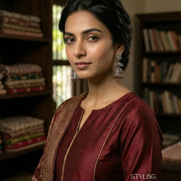 Traditional oxidized-style jhumka earrings with red, yellow and blue stones, perfect for saree, salwar and festive party looks from Passionate Bangladesh. Shop now at www.passionatebangladesh.com