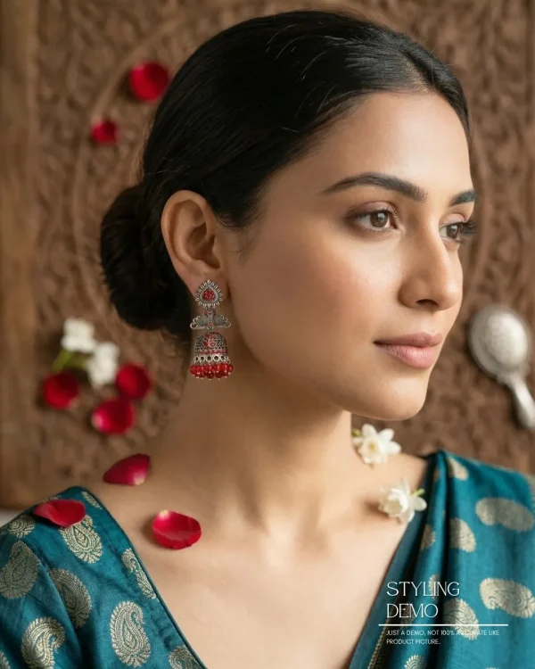 Traditional oxidized-style jhumka earrings with red, yellow and blue stones, perfect for saree, salwar and festive party looks from Passionate Bangladesh. Shop now at www.passionatebangladesh.com