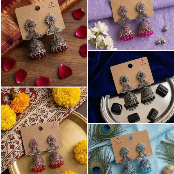 Traditional oxidized-style jhumka earrings with red, yellow and blue stones, perfect for saree, salwar and festive party looks from Passionate Bangladesh. Shop now at www.passionatebangladesh.com