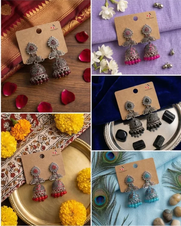 Traditional oxidized-style jhumka earrings with red, yellow and blue stones, perfect for saree, salwar and festive party looks from Passionate Bangladesh. Shop now at www.passionatebangladesh.com