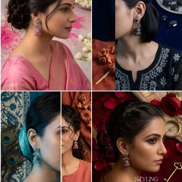 Traditional oxidized-style jhumka earrings with red, yellow and blue stones, perfect for saree, salwar and festive party looks from Passionate Bangladesh. Shop now at www.passionatebangladesh.com