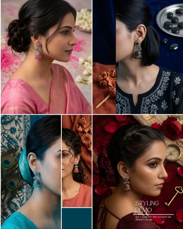 Traditional oxidized-style jhumka earrings with red, yellow and blue stones, perfect for saree, salwar and festive party looks from Passionate Bangladesh. Shop now at www.passionatebangladesh.com