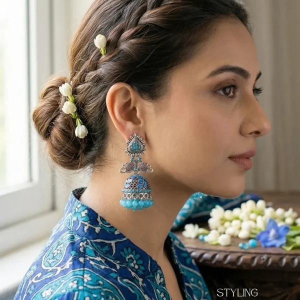 Traditional oxidized-style jhumka earrings with red, yellow and blue stones, perfect for saree, salwar and festive party looks from Passionate Bangladesh. Shop now at www.passionatebangladesh.com