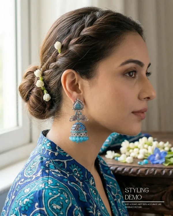 Traditional oxidized-style jhumka earrings with red, yellow and blue stones, perfect for saree, salwar and festive party looks from Passionate Bangladesh. Shop now at www.passionatebangladesh.com