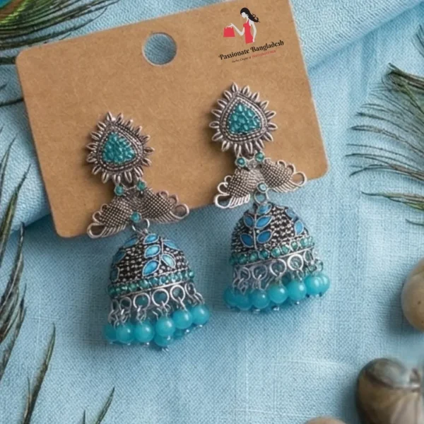 Traditional oxidized-style jhumka earrings with red, yellow and blue stones, perfect for saree, salwar and festive party looks from Passionate Bangladesh. Shop now at www.passionatebangladesh.com