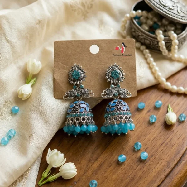 Traditional oxidized-style jhumka earrings with red, yellow and blue stones, perfect for saree, salwar and festive party looks from Passionate Bangladesh. Shop now at www.passionatebangladesh.com
