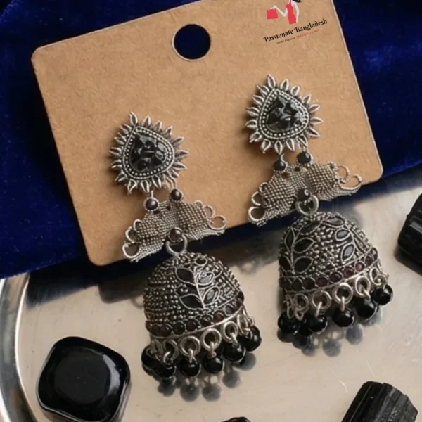 Traditional oxidized-style jhumka earrings with red, yellow and blue stones, perfect for saree, salwar and festive party looks from Passionate Bangladesh. Shop now at www.passionatebangladesh.com