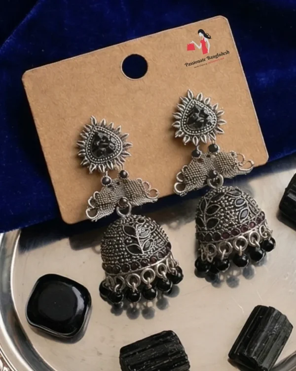 Traditional oxidized-style jhumka earrings with red, yellow and blue stones, perfect for saree, salwar and festive party looks from Passionate Bangladesh. Shop now at www.passionatebangladesh.com