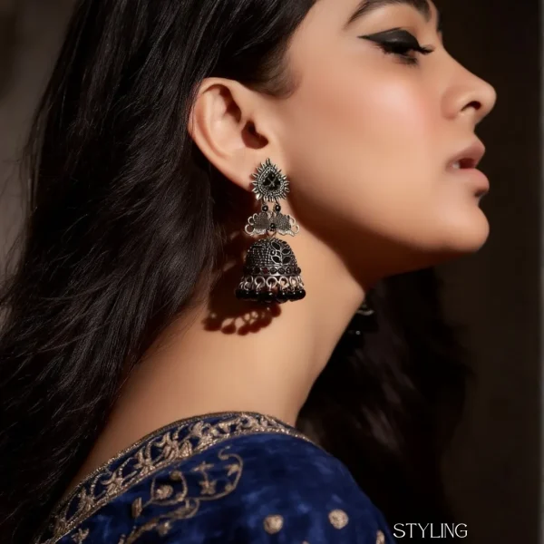 Traditional oxidized-style jhumka earrings with red, yellow and blue stones, perfect for saree, salwar and festive party looks from Passionate Bangladesh. Shop now at www.passionatebangladesh.com