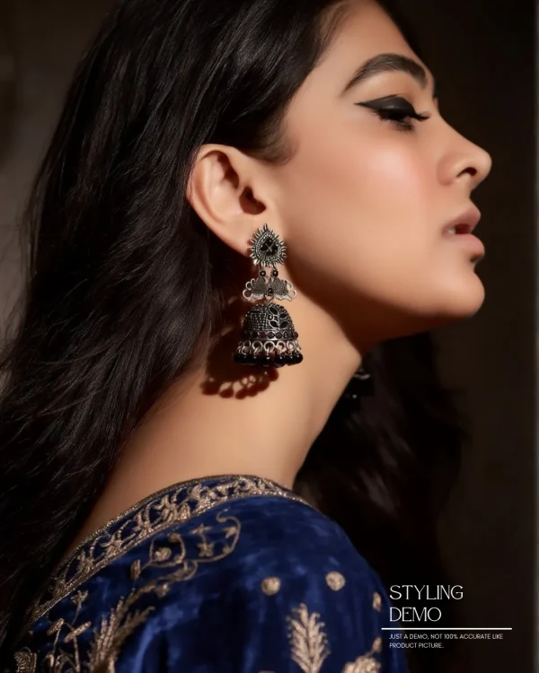 Traditional oxidized-style jhumka earrings with red, yellow and blue stones, perfect for saree, salwar and festive party looks from Passionate Bangladesh. Shop now at www.passionatebangladesh.com