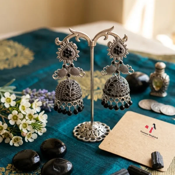 Traditional oxidized-style jhumka earrings with red, yellow and blue stones, perfect for saree, salwar and festive party looks from Passionate Bangladesh. Shop now at www.passionatebangladesh.com