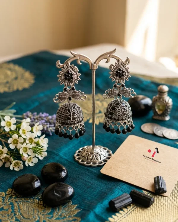 Traditional oxidized-style jhumka earrings with red, yellow and blue stones, perfect for saree, salwar and festive party looks from Passionate Bangladesh. Shop now at www.passionatebangladesh.com