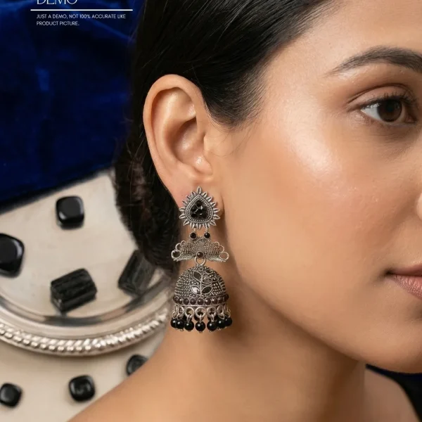 Traditional oxidized-style jhumka earrings with red, yellow and blue stones, perfect for saree, salwar and festive party looks from Passionate Bangladesh. Shop now at www.passionatebangladesh.com