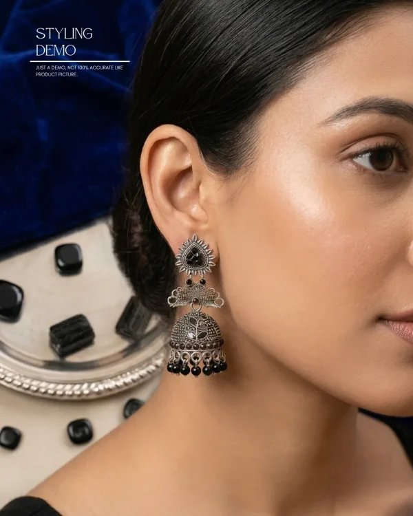 Traditional oxidized-style jhumka earrings with red, yellow and blue stones, perfect for saree, salwar and festive party looks from Passionate Bangladesh. Shop now at www.passionatebangladesh.com